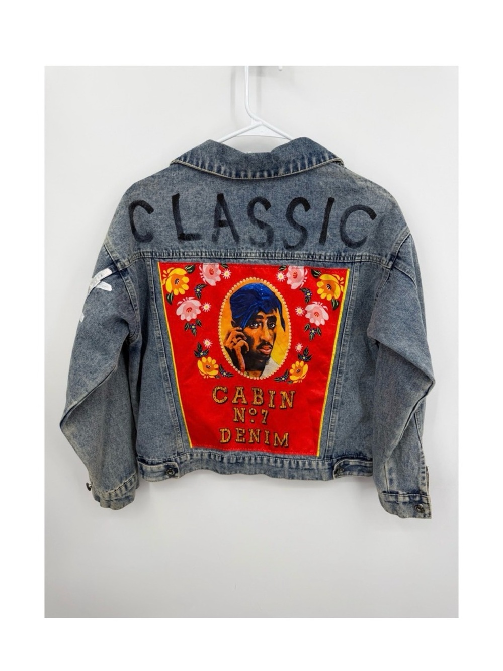 Classic Blue Denim Jacket with Red Graphic Back Patch - Cabin No.7